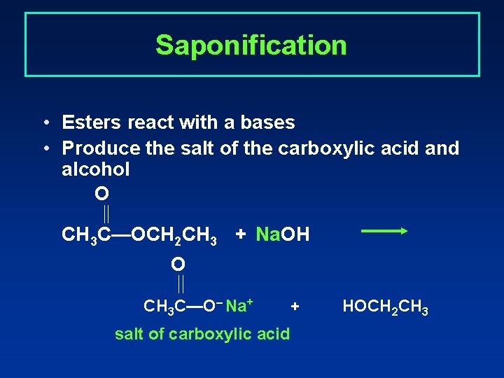 Saponification • Esters react with a bases • Produce the salt of the carboxylic