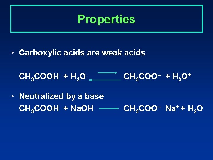 Properties • Carboxylic acids are weak acids CH 3 COOH + H 2 O