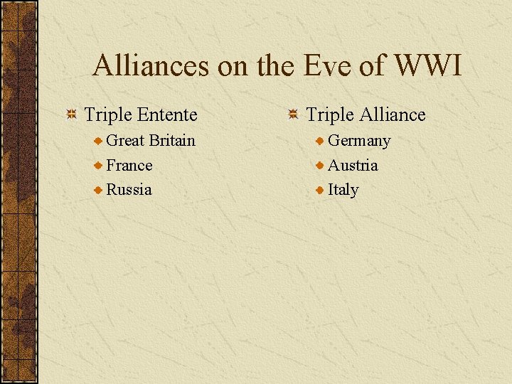 Alliances on the Eve of WWI Triple Entente Great Britain France Russia Triple Alliance