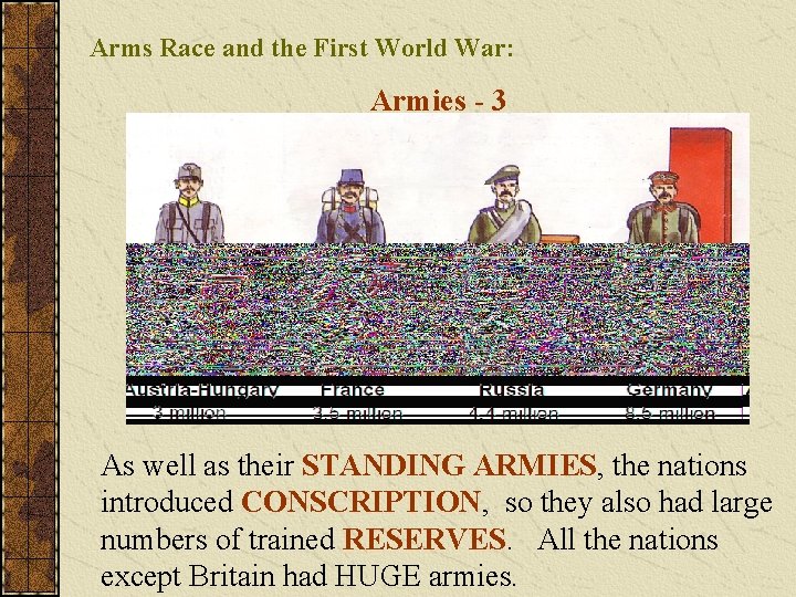 Arms Race and the First World War: Armies - 3 As well as their
