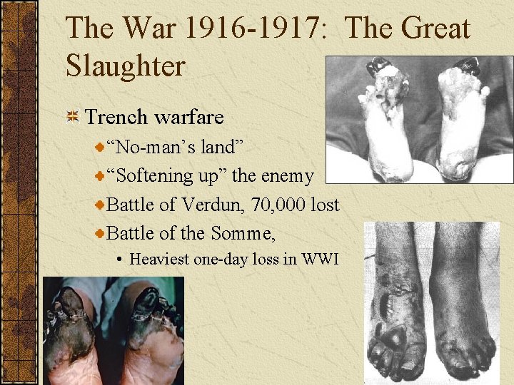 The War 1916 -1917: The Great Slaughter Trench warfare “No-man’s land” “Softening up” the