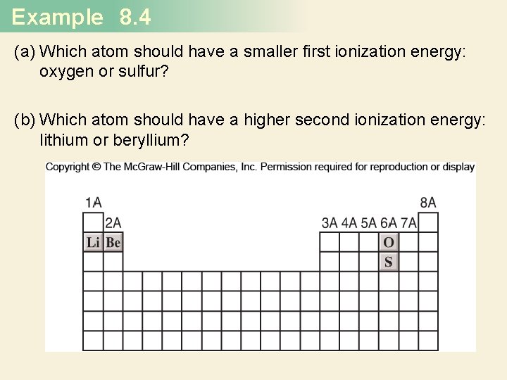 Example 8. 4 (a) Which atom should have a smaller first ionization energy: oxygen