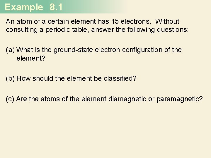 Example 8. 1 An atom of a certain element has 15 electrons. Without consulting