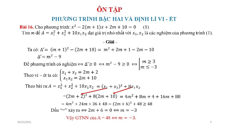 ÔN TẬP PHƯƠNG TRÌNH BẬC HAI VÀ ĐỊNH LÍ VI - ÉT - Giải