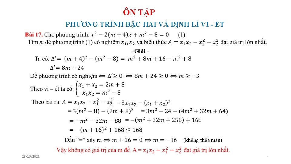 ÔN TẬP PHƯƠNG TRÌNH BẬC HAI VÀ ĐỊNH LÍ VI - ÉT - Giải