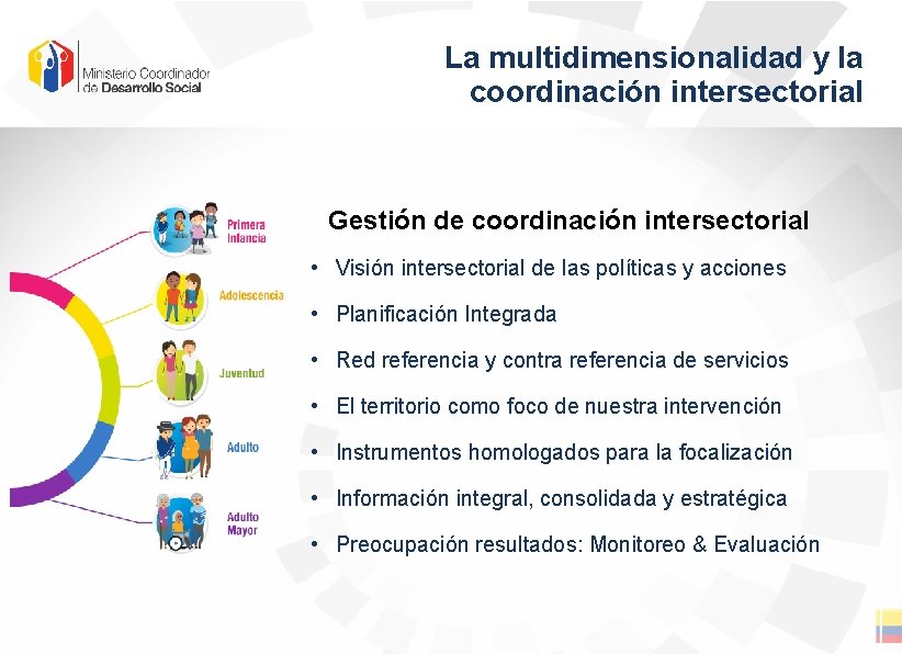 La multidimensionalidad y la coordinación intersectorial Gestión de coordinación intersectorial • Visión intersectorial de