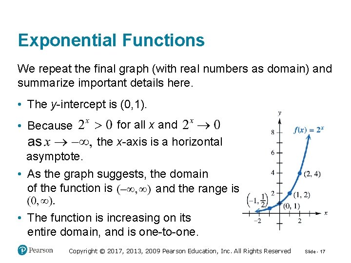 Exponential Functions We repeat the final graph (with real numbers as domain) and summarize