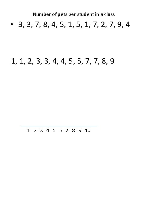 Number of pets per student in a class • 3, 3, 7, 8, 4,