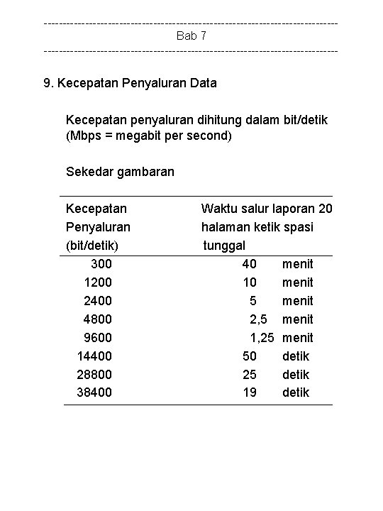 ---------------------------------------Bab 7 --------------------------------------- 9. Kecepatan Penyaluran Data Kecepatan penyaluran dihitung dalam bit/detik (Mbps =