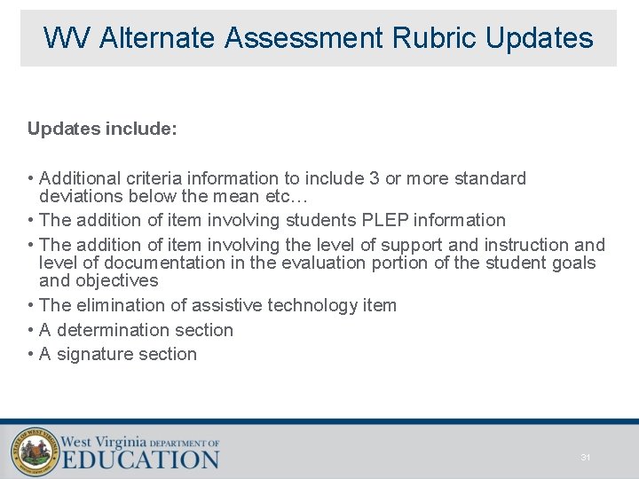 WV Alternate Assessment Rubric Updates include: • Additional criteria information to include 3 or