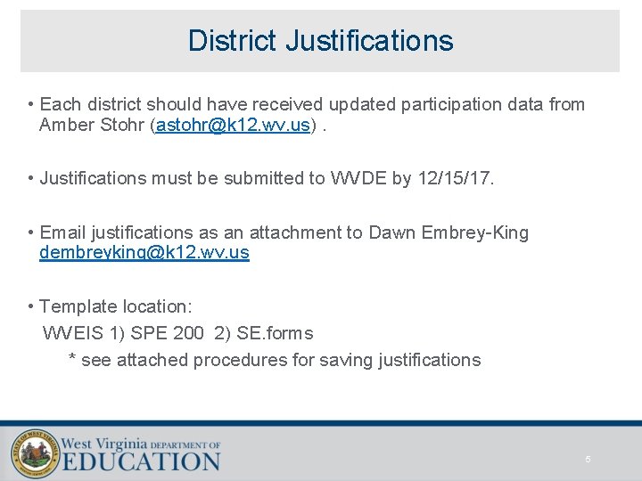 District Justifications • Each district should have received updated participation data from Amber Stohr