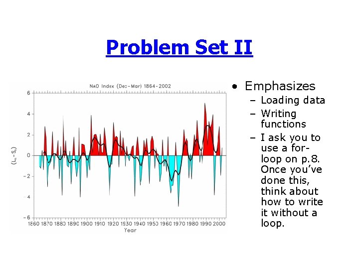 Problem Set II • Emphasizes – Loading data – Writing functions – I ask