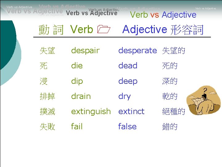 Verb vs Adjective Verb vs Adjective 動 詞 Verb vs Adjective 形容詞 失望 despair