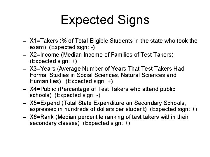 Expected Signs – X 1=Takers (% of Total Eligible Students in the state who