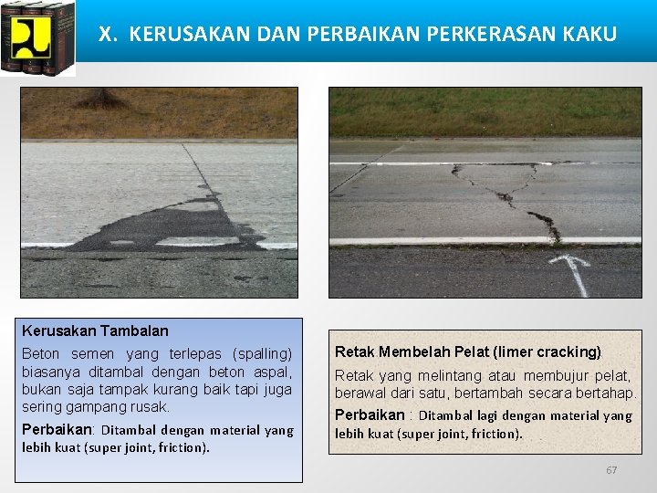 X. KERUSAKAN DAN PERBAIKAN PERKERASAN KAKU Kerusakan Tambalan Beton semen yang terlepas (spalling) biasanya