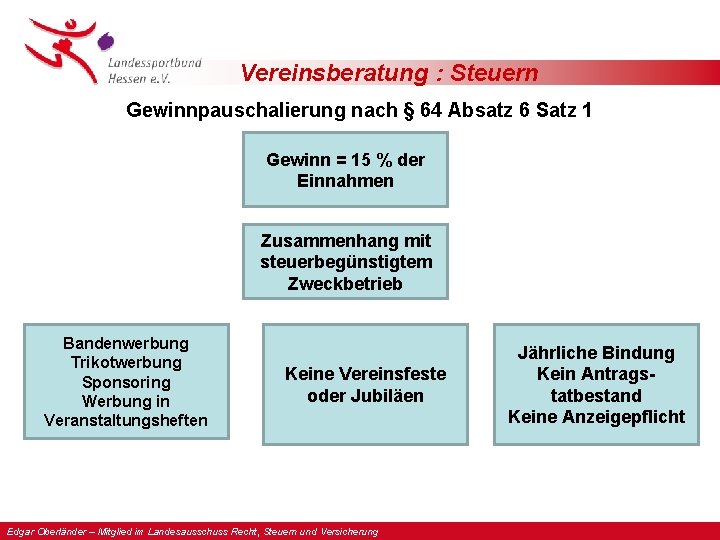 Vereinsberatung : Steuern Gewinnpauschalierung nach § 64 Absatz 6 Satz 1 Gewinn = 15