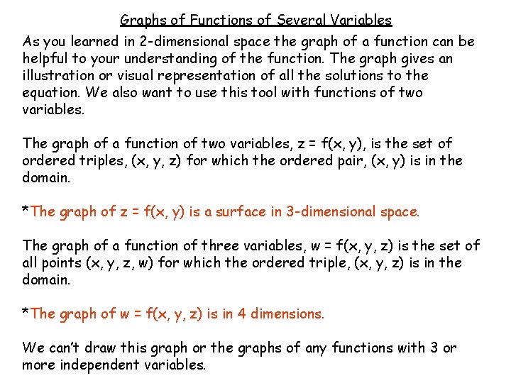 Graphs of Functions of Several Variables As you learned in 2 -dimensional space the