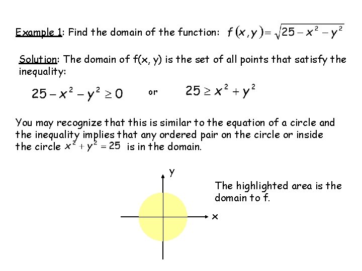 Example 1: Find the domain of the function: Solution: The domain of f(x, y)