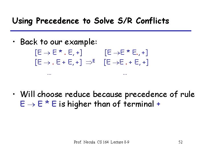 Using Precedence to Solve S/R Conflicts • Back to our example: [E E *.