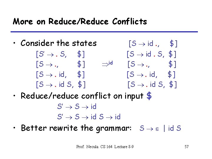 More on Reduce/Reduce Conflicts • Consider the states [S’ . S, [S . id,