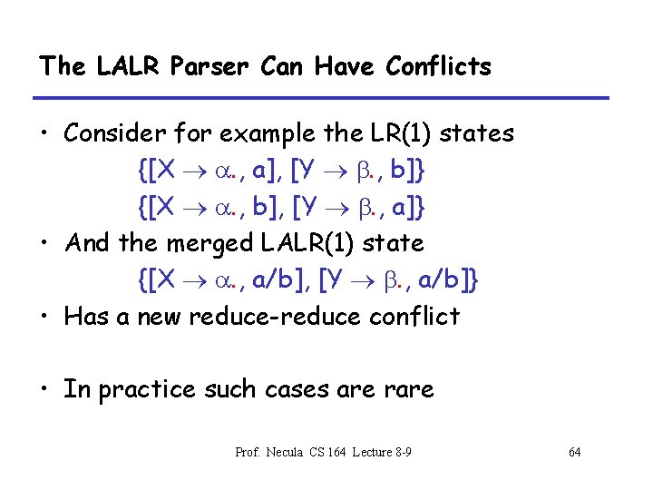 The LALR Parser Can Have Conflicts • Consider for example the LR(1) states {[X