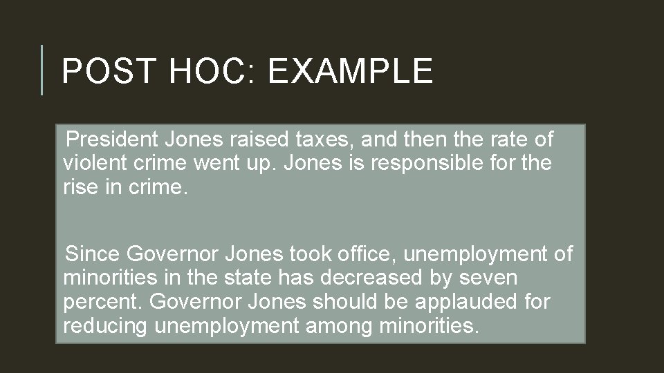 POST HOC: EXAMPLE President Jones raised taxes, and then the rate of violent crime