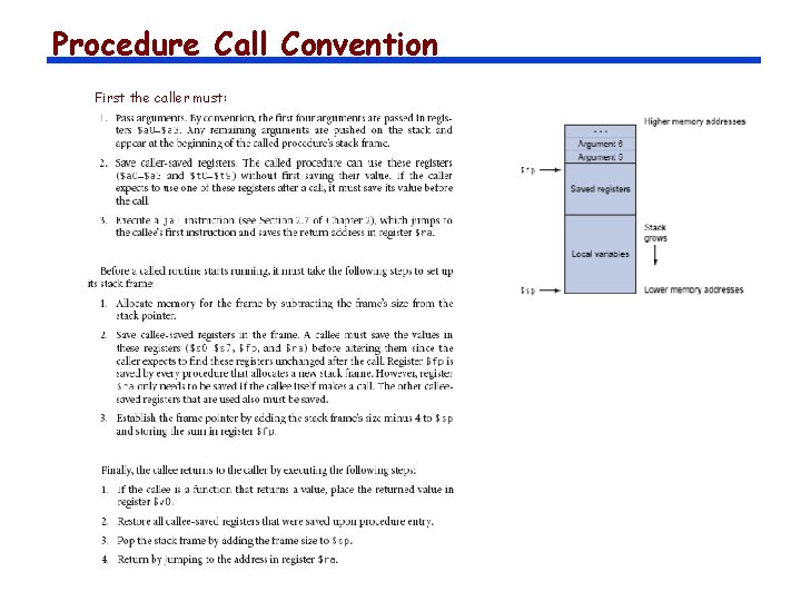 Procedure Call Convention First the caller must: 