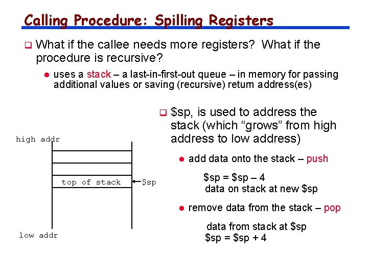 Calling Procedure: Spilling Registers q What if the callee needs more registers? What if