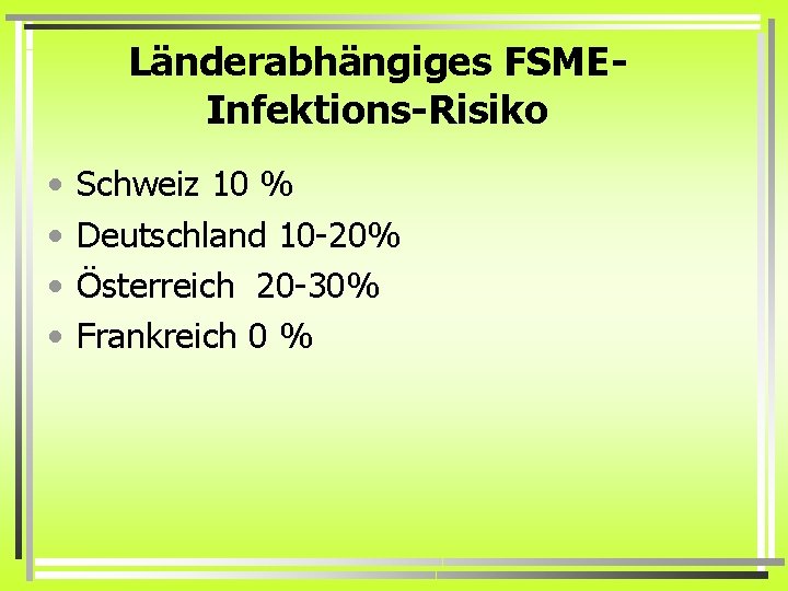 Länderabhängiges FSMEInfektions-Risiko • • Schweiz 10 % Deutschland 10 -20% Österreich 20 -30% Frankreich