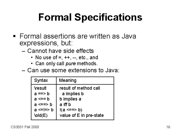 Formal Specifications § Formal assertions are written as Java expressions, but: – Cannot have