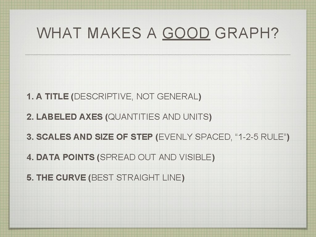 WHAT MAKES A GOOD GRAPH? 1. A TITLE (DESCRIPTIVE, NOT GENERAL) 2. LABELED AXES