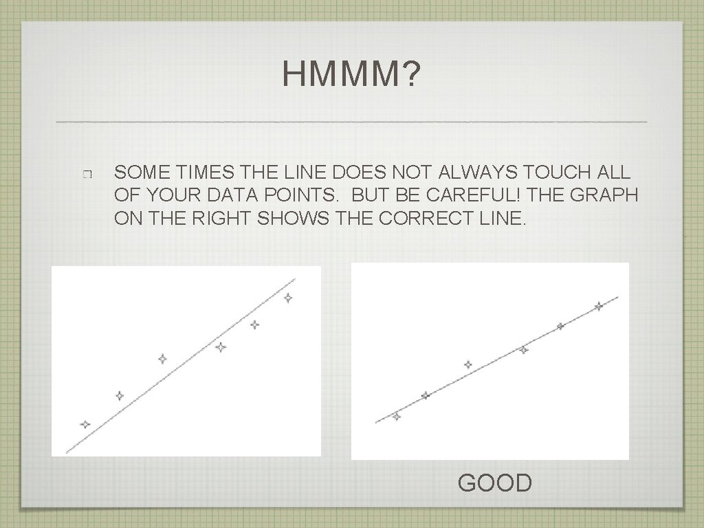 HMMM? SOME TIMES THE LINE DOES NOT ALWAYS TOUCH ALL OF YOUR DATA POINTS.