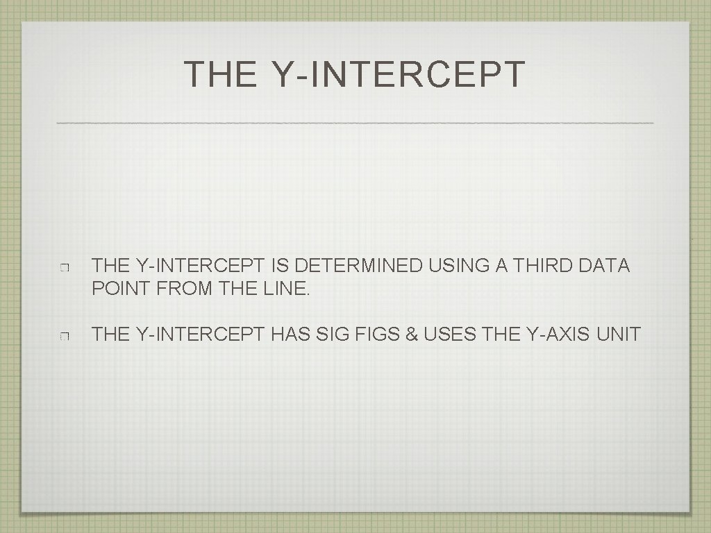 THE Y-INTERCEPT IS DETERMINED USING A THIRD DATA POINT FROM THE LINE. THE Y-INTERCEPT