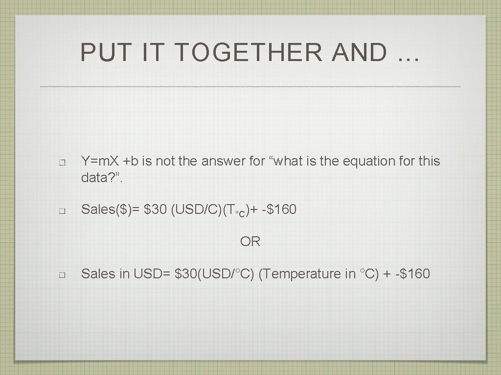 PUT IT TOGETHER AND. . . Y=m. X +b is not the answer for
