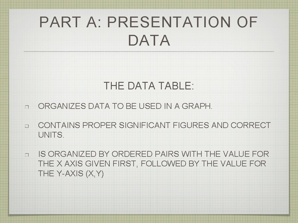 PART A: PRESENTATION OF DATA THE DATA TABLE: ORGANIZES DATA TO BE USED IN