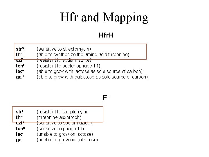 Hfr and Mapping Hfr. H strs thr+ azir tonr lac+ gal+ (sensitive to streptomycin)
