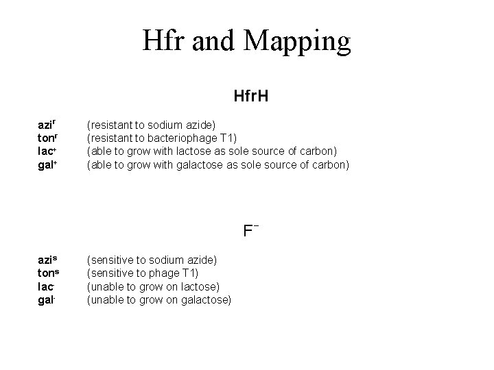 Hfr and Mapping Hfr. H azir tonr lac+ gal+ (resistant to sodium azide) (resistant