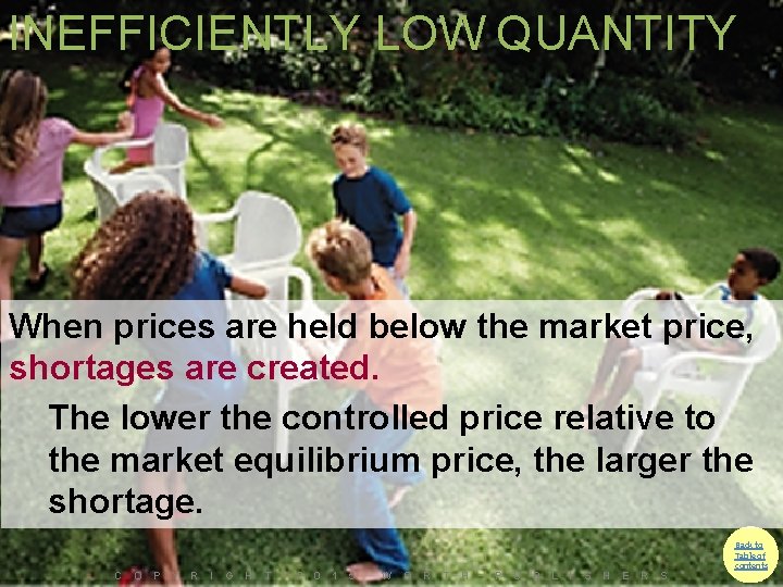 INEFFICIENTLY LOW QUANTITY When prices are held below the market price, shortages are created.