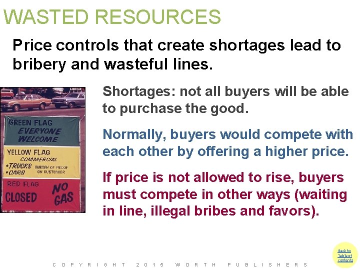 WASTED RESOURCES Price controls that create shortages lead to bribery and wasteful lines. Shortages:
