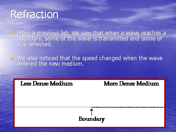 Refraction • From a previous lab, we saw that when a wave reaches a