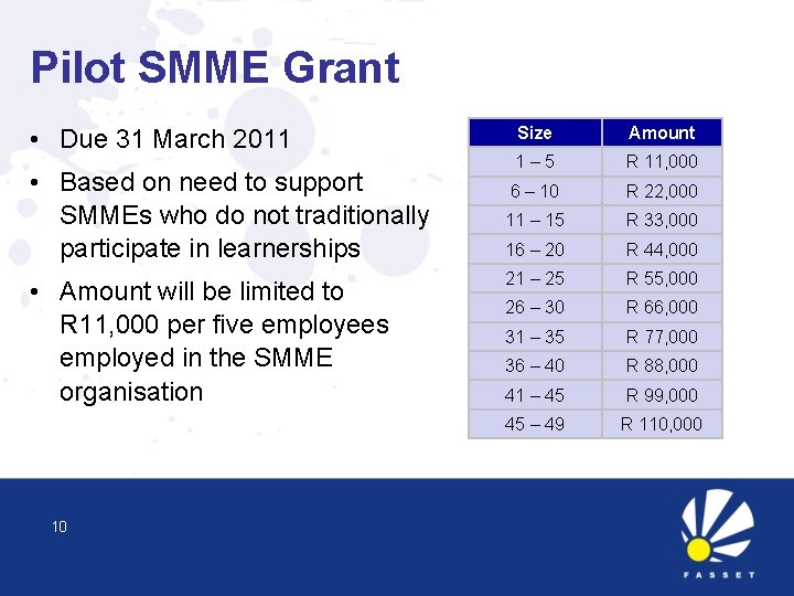 Pilot SMME Grant • Due 31 March 2011 • Based on need to support