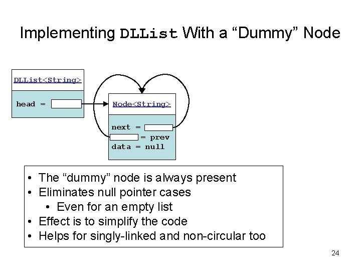 Implementing DLList With a “Dummy” Node DLList<String> head = Node<String> next = = prev Implementing DLList With a “Dummy” Node DLList<String> head = Node<String> next = = prev