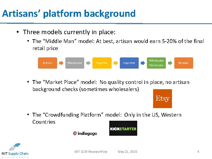 Artisans’ platform background • Three models currently in place: • The “Middle Man” model: