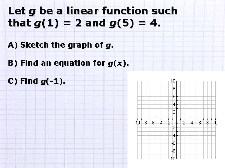 Let g be a linear function such that g(1) = 2 and g(5) = Let g be a linear function such that g(1) = 2 and g(5) =