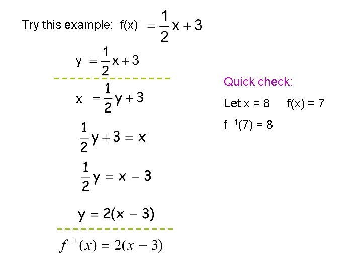 Try this example: f(x) y Quick check: x Let x = 8 f –