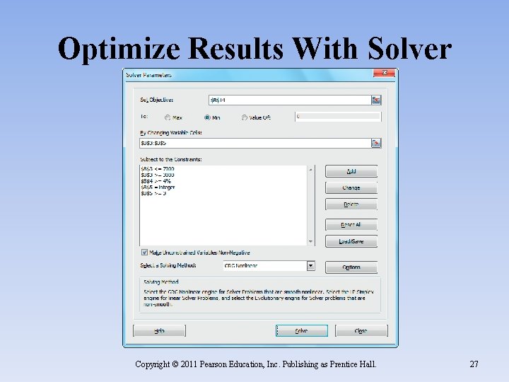Optimize Results With Solver Copyright © 2011 Pearson Education, Inc. Publishing as Prentice Hall.