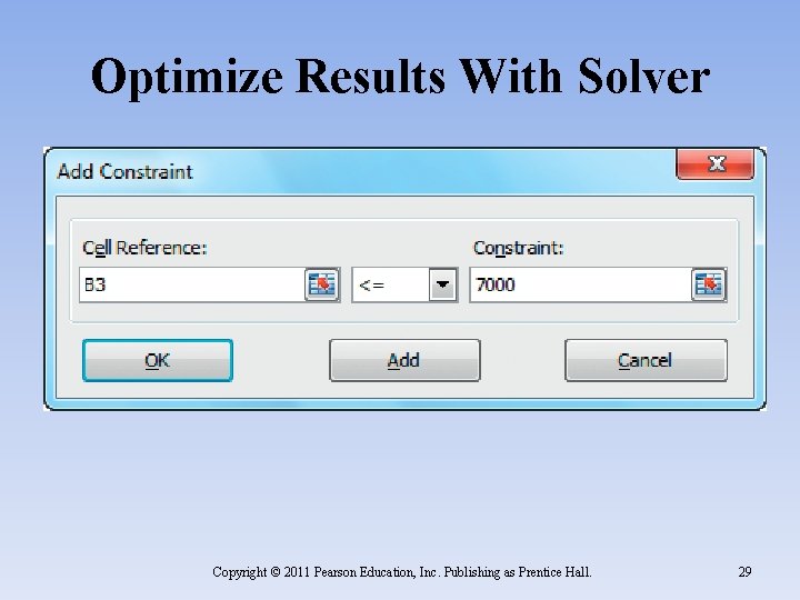 Optimize Results With Solver Copyright © 2011 Pearson Education, Inc. Publishing as Prentice Hall.