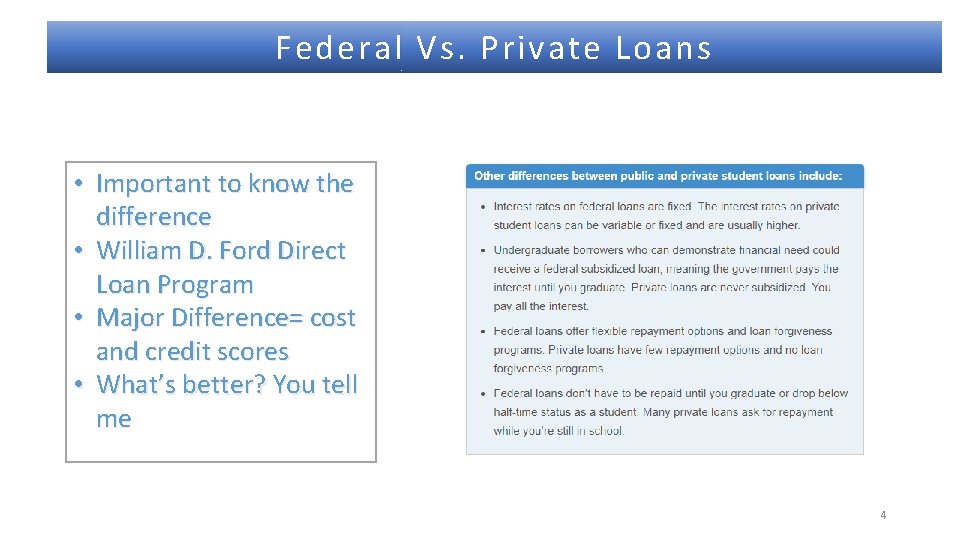Federal Vs. Private Loans • Important to know the difference • William D. Ford
