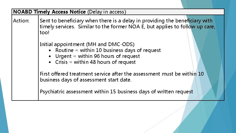 NOABD Timely Access Notice (Delay in access) Action: Sent to beneficiary when there is