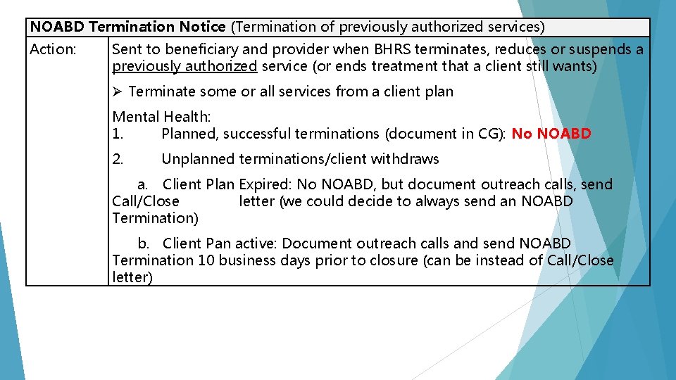 NOABD Termination Notice (Termination of previously authorized services) Action: Sent to beneficiary and provider